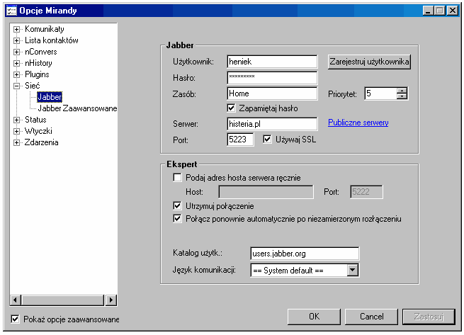 Konfiguracja wtyczki Jabber, gdy mamy już konto na jakimś serwerze